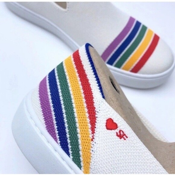 ROTHYS Size 10 Limited Edition SF Pride White Rainbow Stripe Slip On Sneakers - Picture 13 of 16